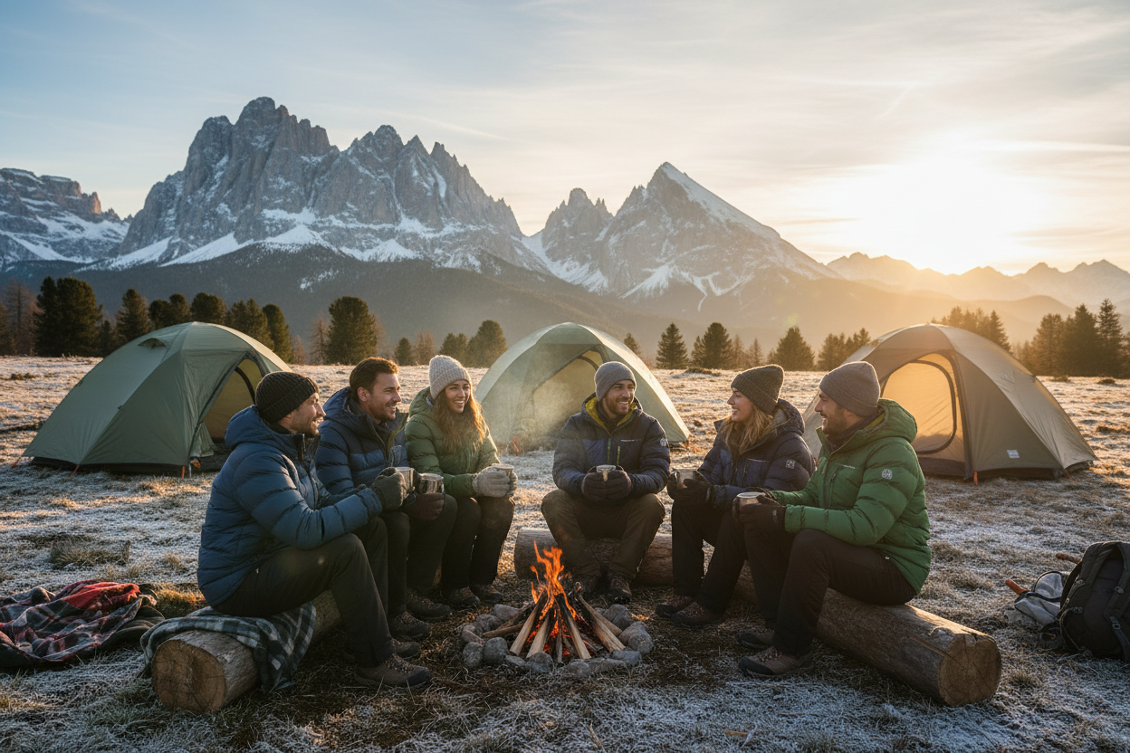 A group of smiling adventurers camping in the mountains wearing heated jackets and gloves, surrounded by tents, sunrise lighting, cozy steam from coffee mugs, realistic natural scenery, European Alps vibe, cinematic lighting, warm atmosphere.