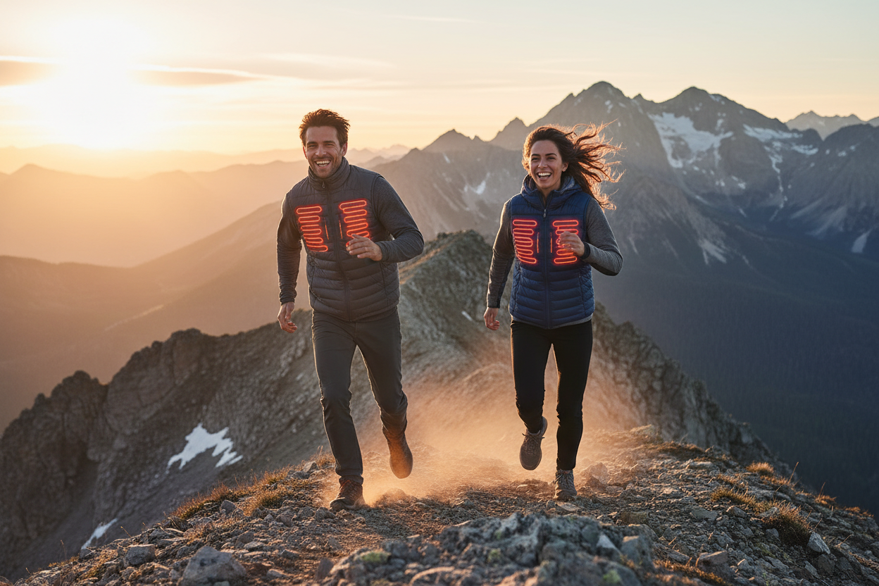 dynamic outdoor action shot of man and woman wearing heated vests in mountains, visible heating lines glowing, cinematic adventure vibe, strong lighting, brand photography style