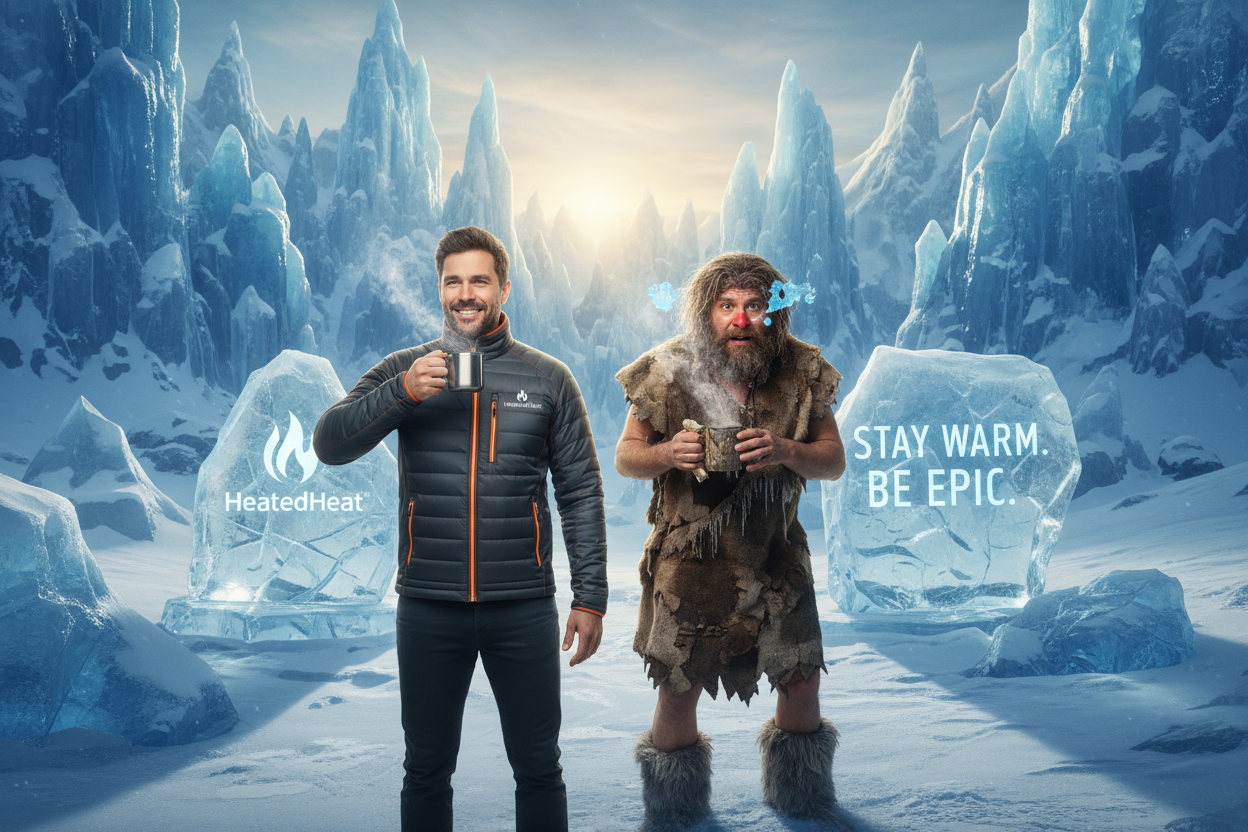 funny modern man wearing a heated jacket standing next to a cartoonish caveman in icy landscape, both holding hot coffee, cinematic humor style, realistic light, brand parody for HeatedHeat